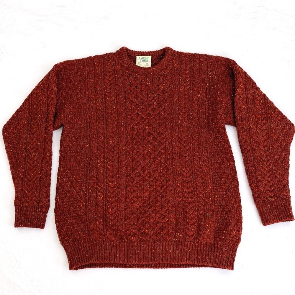 Carraig Donn Donegal Fleck Aran Wool Sweater Cable Knit Ireland Mens L